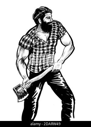 Jack di lumberjack canadese con ascia. Disegno in bianco e nero con inchiostro Foto Stock