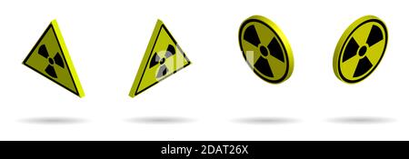 Serie di segnali di pericolo radioattivi isometrici su sfondo giallo. Vettore isolato Illustrazione Vettoriale