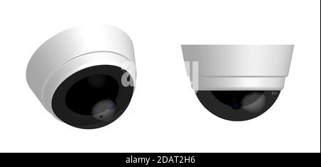 Telecamera di sicurezza rotonda con design 3D realistico su sfondo bianco. Vettore isolato Illustrazione Vettoriale