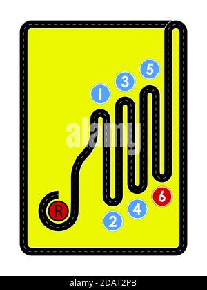 cambio per auto stilizzato per la strada con cartelli. Guida ordinata. Conformità alle normative sul traffico. Vettore isolato su sfondo bianco Illustrazione Vettoriale