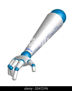 la mano di un robot del bambino punta un dito. Addestramento di intelligenza artificiale. Hi-tech. Vettore isolato realistico su sfondo bianco Illustrazione Vettoriale