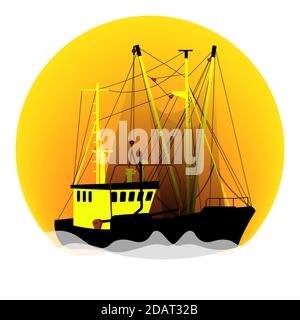 Pesca peschereccio da traino in mare aperto. Immagine in colori giallo-arancione, vettoriale Illustrazione Vettoriale