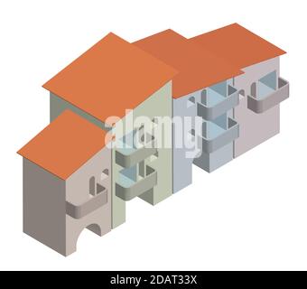 hotel sciistico, case isometriche. Vettore isolato su sfondo bianco Illustrazione Vettoriale