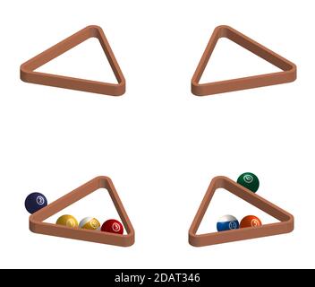 triangolo per giocare a biliardo, palle per biliardo e snooker in un design realistico. Vettore isolato su sfondo bianco Illustrazione Vettoriale