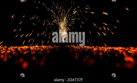 Fuochi d'artificio sfondo, realistica animazione 3D di scintille bruciate a terra su sfondo scuro, fuochi d'artificio scintille, 4K alta qualità, rendering 3D Foto Stock