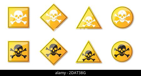 Serie di segnali di pericolo. Illustrazione vettoriale. Simboli di avvertenza con cranio umano. Segnale di pericolo giallo Illustrazione Vettoriale