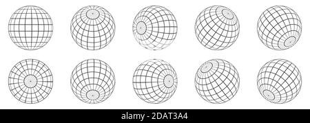 sfere 3d globo terra. Icone a globo in angolazioni diverse. Illustrazione vettoriale. Griglia globo lineare isolata Illustrazione Vettoriale