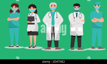 medici e medici in abbigliamento speciale formano una fila di persone su un banner orizzontale. il modello piatto. stock illustrazione vettoriale. EPS 10. Illustrazione Vettoriale