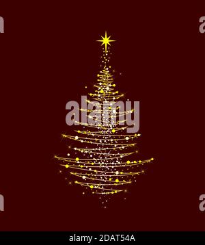 Albero di Natale con una stella su sfondo rosso scuro. Albero di Natale astratto per le schede per Natale. Illustrazione Vettoriale
