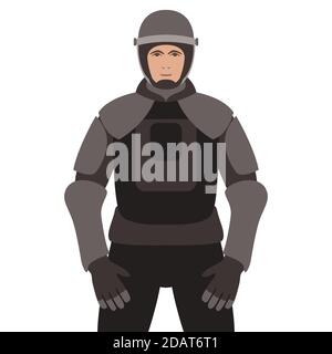 Polizia in armatura, illustrazione vettoriale, stile piatto, vista frontale Foto Stock