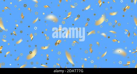 Cadendo stelle d'oro lucenti e realistiche, i confetti dorati in tindel si isolano in blu. Festa di compleanno. Una brillante e festosa tinella di colore oro. Grand openin Illustrazione Vettoriale