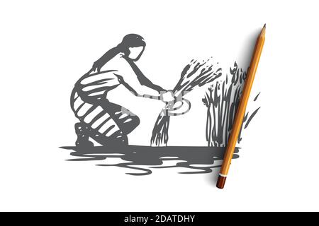 Donna, raccolto, grano, campo concetto. Vettore isolato disegnato a mano. Illustrazione Vettoriale