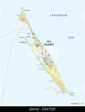 Mappa vettoriale dell'isola messicana di Mujeres nel Mar dei Caraibi Illustrazione Vettoriale