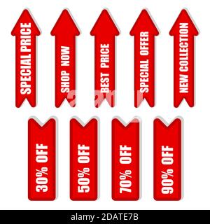 Set adesivi freccia in vendita promozione Black friday offerta speciale. Etichette rosse di prezzo isolate. Promozione di autorizzazione alla vendita per le attività di vendita al dettaglio Illustrazione Vettoriale
