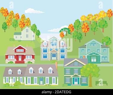 Piccola città in montagna, paesaggio - illustrazione, vettore, Illustrazione Vettoriale