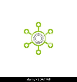 Rete hub con ingranaggio. Gestione del progetto, impostazioni. Icona della linea isolata in bianco. Logo tecnico o tecnologico. Pulsante Server o database centrale. Illustrazione Vettoriale
