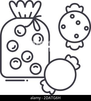 Icona di sacchetto di caramella, illustrazione isolata lineare, vettore di linea sottile, segno di disegno di fotoricettore, simbolo di concetto di contorno con tratto modificabile su sfondo bianco. Illustrazione Vettoriale