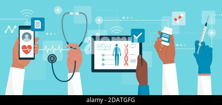 I medici che si connettono online e lavorano insieme, utilizzano dispositivi mobili e controllano le cartelle cliniche dei pazienti Illustrazione Vettoriale