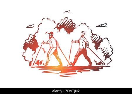 Nordic walking, sport, stile di vita attivo. Illustrazione isolata dello schizzo disegnata a mano Illustrazione Vettoriale