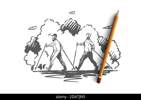 Nordic walking, sport, stile di vita attivo. Illustrazione isolata dello schizzo disegnata a mano Illustrazione Vettoriale