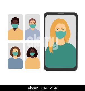 Videoconferenza online, persone in bianco e nero sullo schermo dello smartphone, illustrazione vettoriale piatta Illustrazione Vettoriale