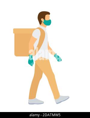 uomo per la consegna di alimenti in maschera medica e guanti con zaino a tutta lunghezza vista laterale, immagine vettoriale piatta Illustrazione Vettoriale