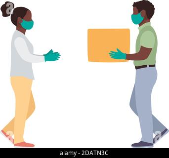 Consegna nero uomo vista laterale completa, viso uniforme maschera medica guanti tenere vuoto scatola di cartone. Servizio coronavirus. Shopping online Illustrazione Vettoriale