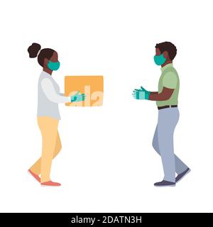 Donna afroamericana consegna corriere in una maschera medica e guanti dà una donna una scatola, vista laterale. Servizio coronavirus. Illustrazione Vettoriale