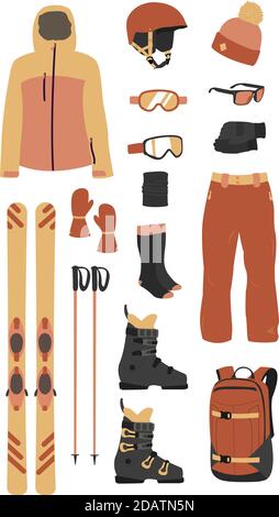 Attrezzatura da sci kit abbigliamento illustrazione vettoriale su sfondo trasparente. Sport invernali estremi. Set sci e racchette da sci Illustrazione Vettoriale