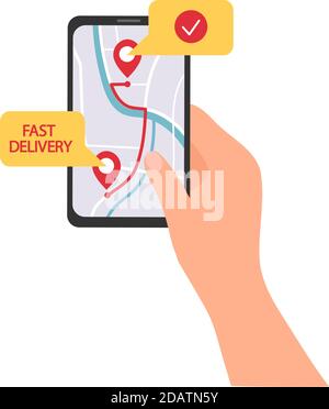 App aperta per smartphone portatile con tenuta a mano. Consegna rapida, spedizione Illustrazione Vettoriale