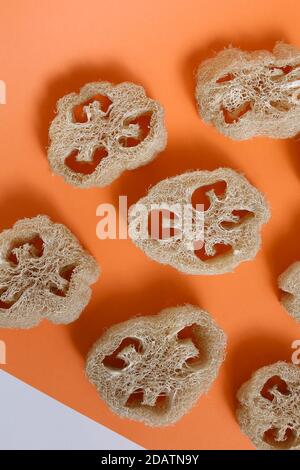 Spugne di loofah naturali in primo piano su sfondo arancione. Foto Stock