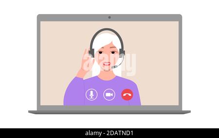 Call center. Il carattere sorridente femminile nelle cuffie con microfono parla tramite collegamento video. Incontro virtuale con i colleghi. Riunione online remota Illustrazione Vettoriale