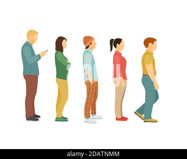 gli uomini e le donne accodano, uno dopo l'altro lato a vista completa. immagine vettoriale piatta Illustrazione Vettoriale