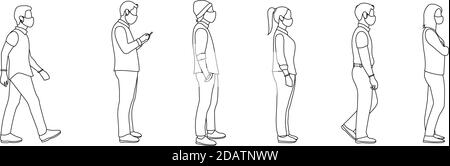 Tutta la lunghezza di cartoon persone malate in maschere mediche e guanti delineare in linea contro ad una distanza di sicurezza. flat vettore illustrazione Illustrazione Vettoriale