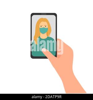 smartphone in mano, sullo schermo una donna in una maschera medica, video comunicazione con un medico o selfie. flat vettore illustrazione Illustrazione Vettoriale