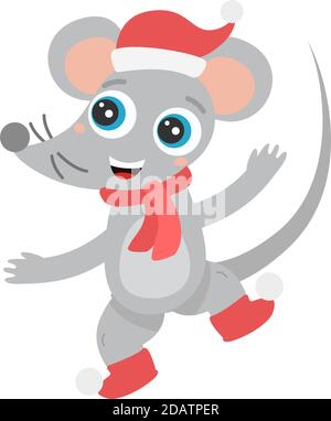 Mouse carino in un costume Natale Santa e sciarpa danza. Sorridente con occhi grandi. Disegno vettoriale a fumetti piatti Illustrazione Vettoriale