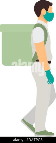 uomo per la consegna di alimenti in maschera medica e guanti con zaino a tutta lunghezza vista laterale, immagine vettoriale piatta Illustrazione Vettoriale