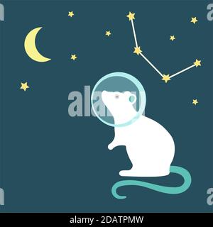 Astronauta di ratto in uno spacesuit guarda il cielo con la luna, il mese e la costellazione di ratto Illustrazione Vettoriale