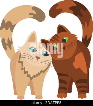 due gatti sfregano l'uno contro l'altro, code come un cuore. vettore piatto illustrazione isolato su sfondo bianco Illustrazione Vettoriale
