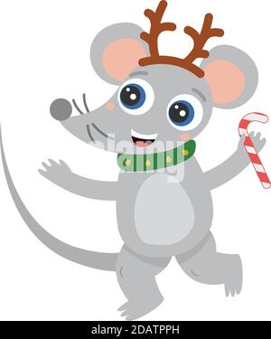 Natale carino mouse danzare sorridendo con corna di cervo e caramelle in zampa, con grandi occhi. flat cartoon vettore illustrazione Illustrazione Vettoriale