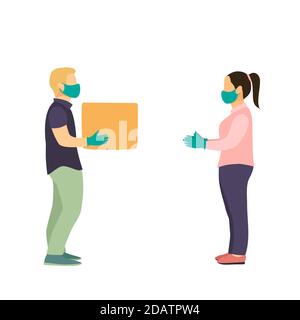 Uomo di consegna vista laterale completa, maschera medica viso uniforme, guanti tenere scatola di cartone. Servizio coronavirus. Shopping online Illustrazione Vettoriale