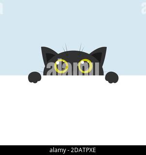curioso gatto nero carino con grandi occhi gialli, cartoon piatto vettore illustrazione con banner vuoto per poster di testo Illustrazione Vettoriale