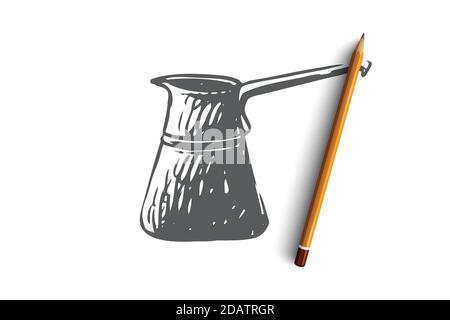 Turco, cezve, caffè, bevanda, bevanda concetto. Vettore isolato disegnato a mano. Illustrazione Vettoriale