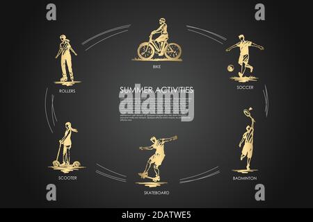 Attività estive - bici, calcio, badminton, skateboard, rulli, scooter vettoriale concept set Illustrazione Vettoriale