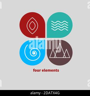 Logo Four Elements. Icona linea astratta fuoco, acqua, aria e terra Illustrazione Vettoriale