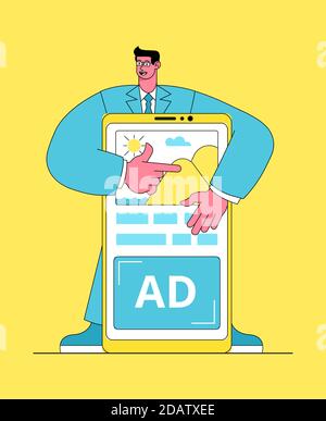 Giovane uomo d'affari online che punta allo schermo dello smartphone con contenuti e pubblicità. Illustrazione vettoriale lineare piatta cartoon Illustrazione Vettoriale