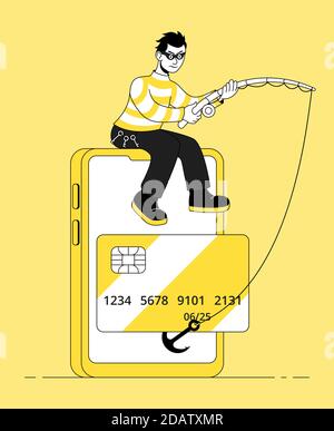 Ladro mascherato con una rode di pesca rubando carta di credito da uno smartphone. Illustrazione vettoriale piatta Cartoon. Illustrazione Vettoriale