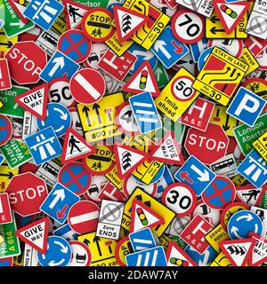 Immagine 3D estremamente ampia di cartelli stradali britannici come segnali di stop, segnali di limite di velocità e segnali di avvertenza. Foto Stock