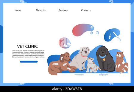 Clinica veterinaria o sito web negozio di animali con gatto e cani lat illustrazione vettoriale. Illustrazione Vettoriale