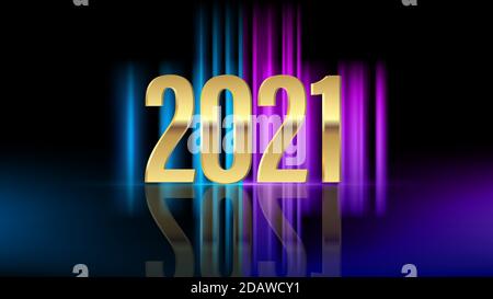 Numeri d'oro 2021 con flash luminoso su sfondo al neon scuro. Felice Anno Nuovo. Vettore Illustrazione Vettoriale